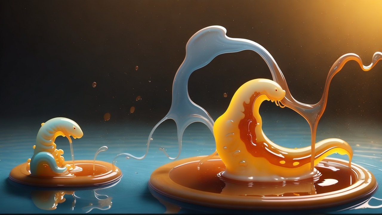 Cartoonish Worm-Like Creatures in Colorful Fluid Pools