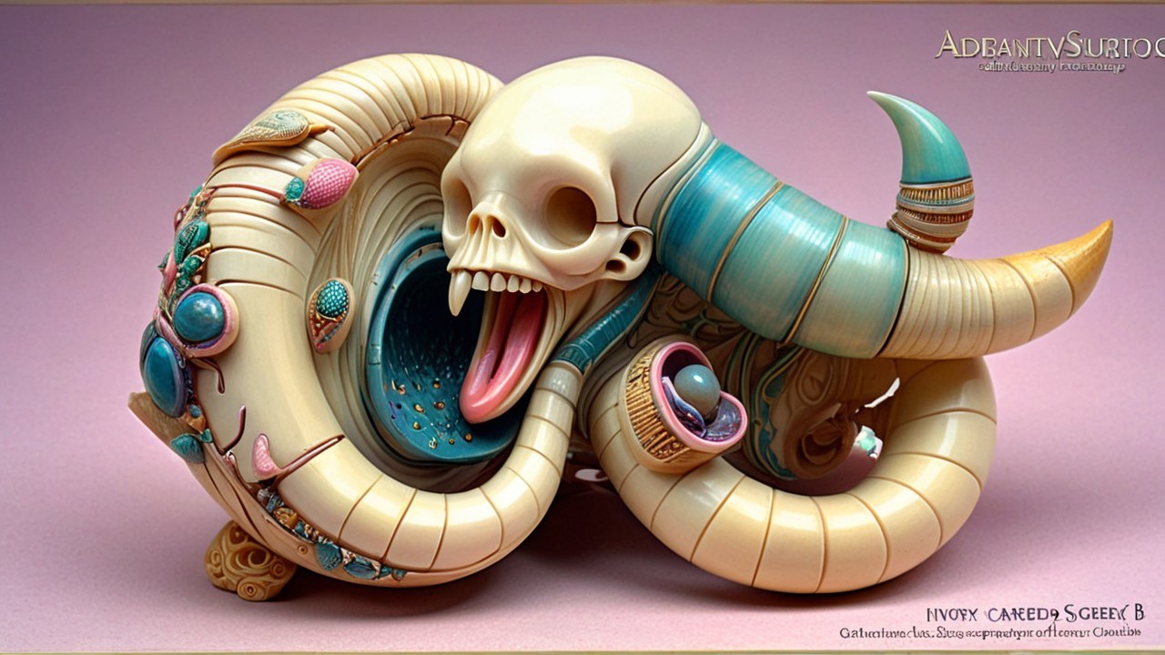 Fantastical sculpture of skull and colorful spiral shell
