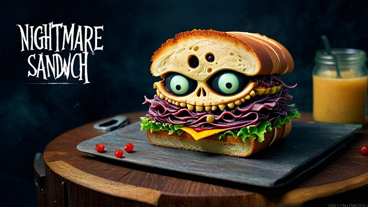 Whimsical Spooky Sandwich with Skull Face and Juice