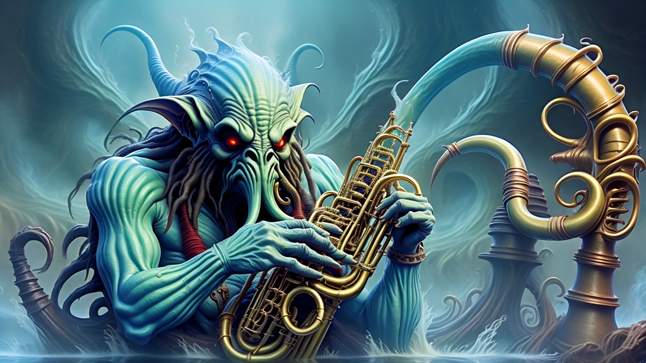 Cephalopod Creature Playing Saxophone Underwater