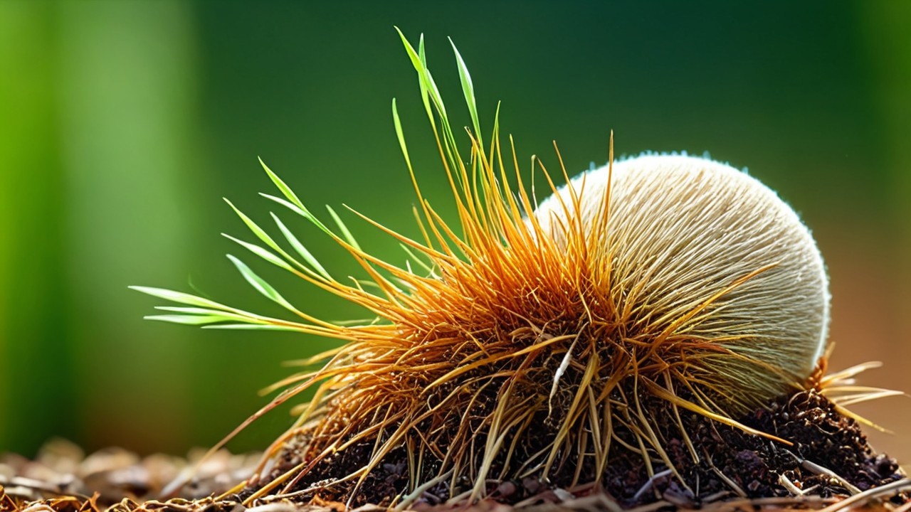 Spherical Fuzzy Object on Soil Surrounded by Grass