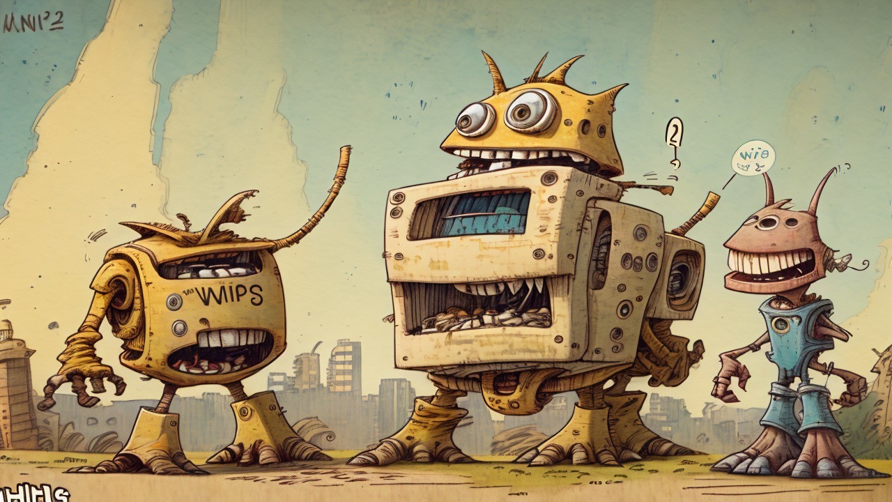 Cartoon Robots in a Post-Apocalyptic Landscape