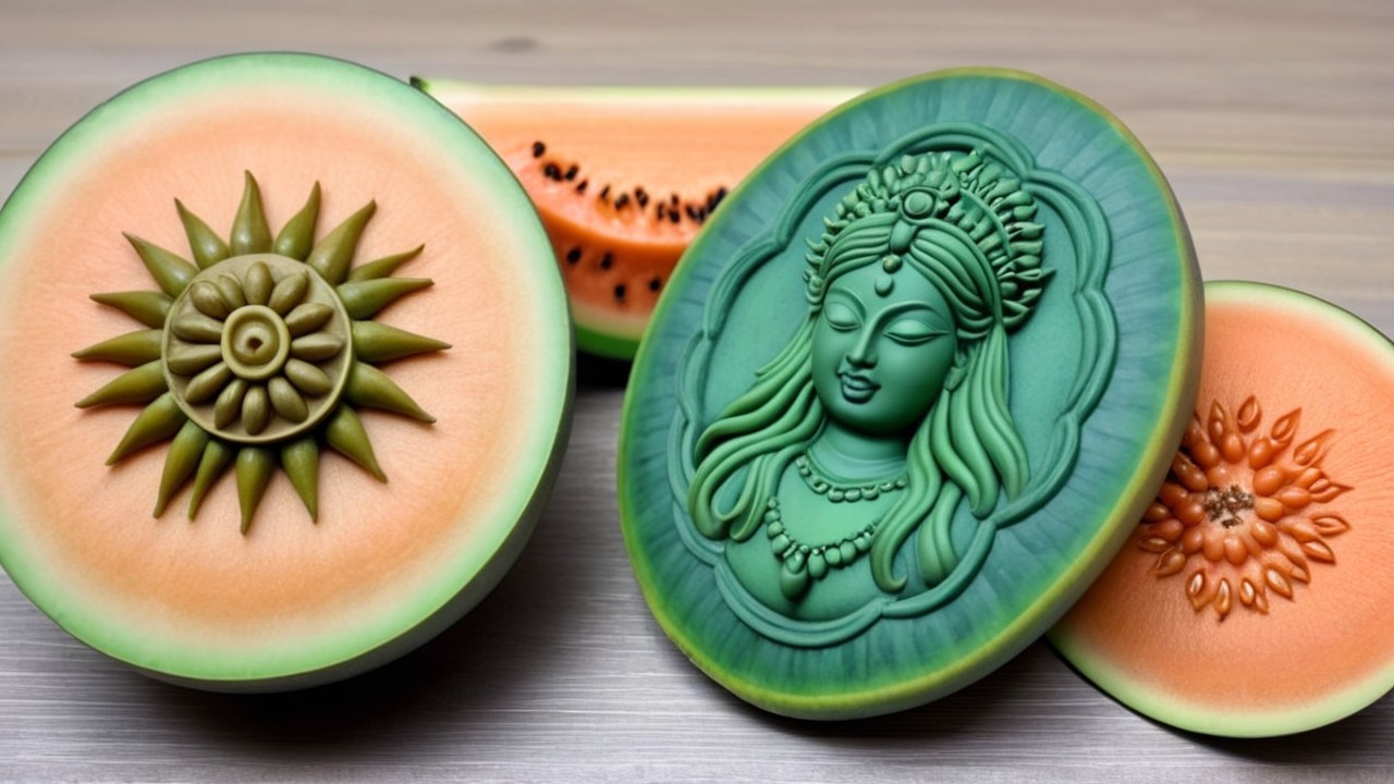 Intricately Carved Melons with Goddess and Sun Designs