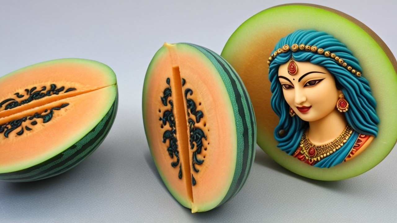 Artistic Watermelon with Orange Interior and Goddess Figure