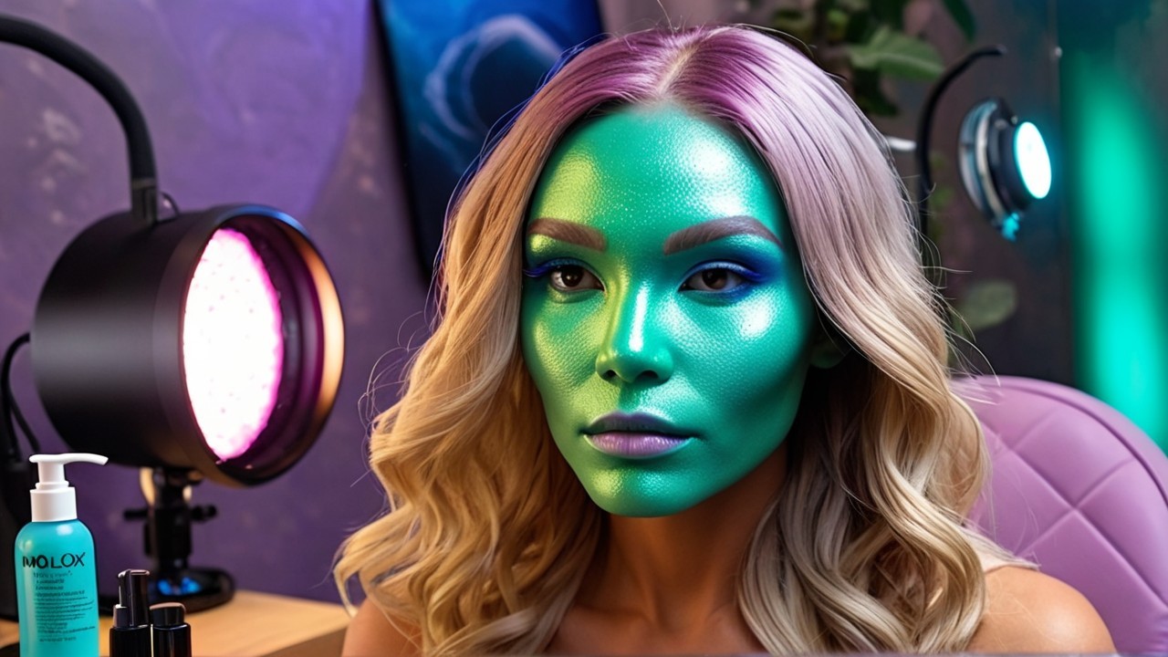 Woman with Green Skin and Colorful Makeup in Mirror