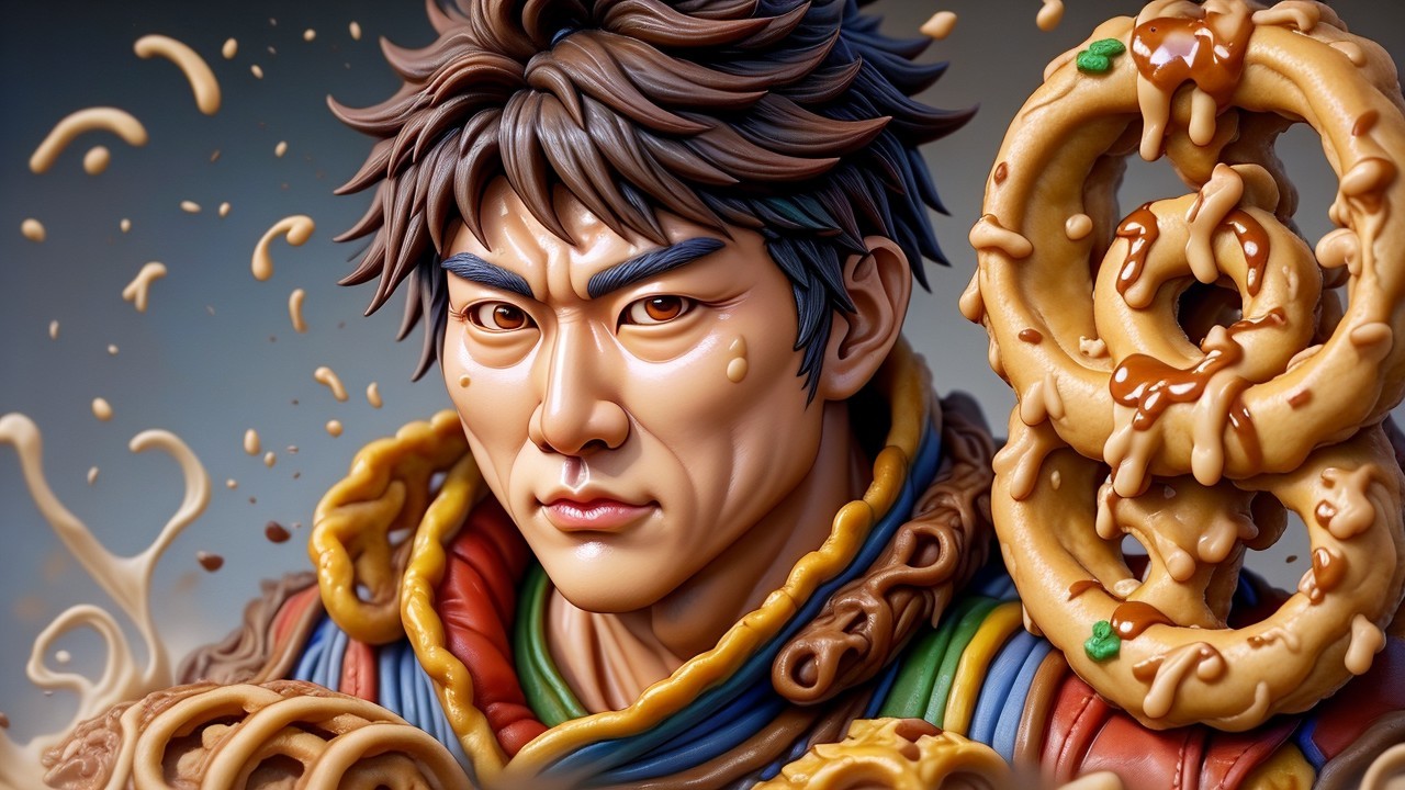 Detailed figure of young man with vibrant clothing and food