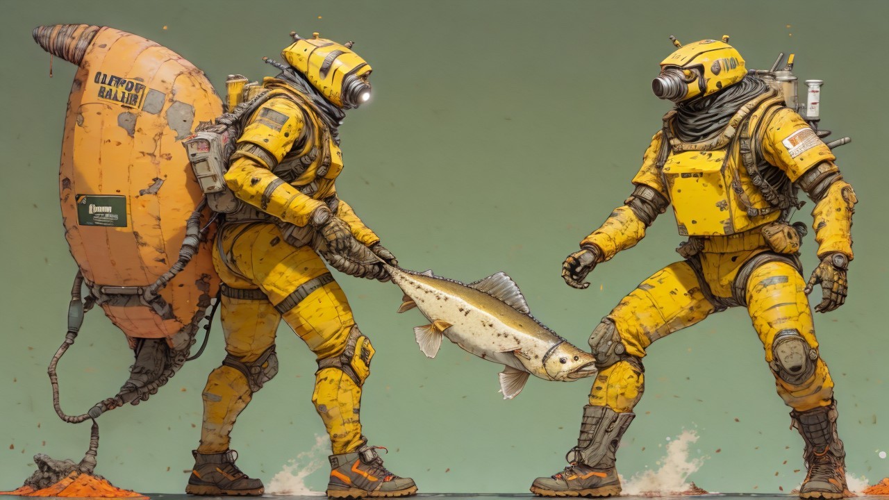 Futuristic divers in colorful suits with a fish backdrop