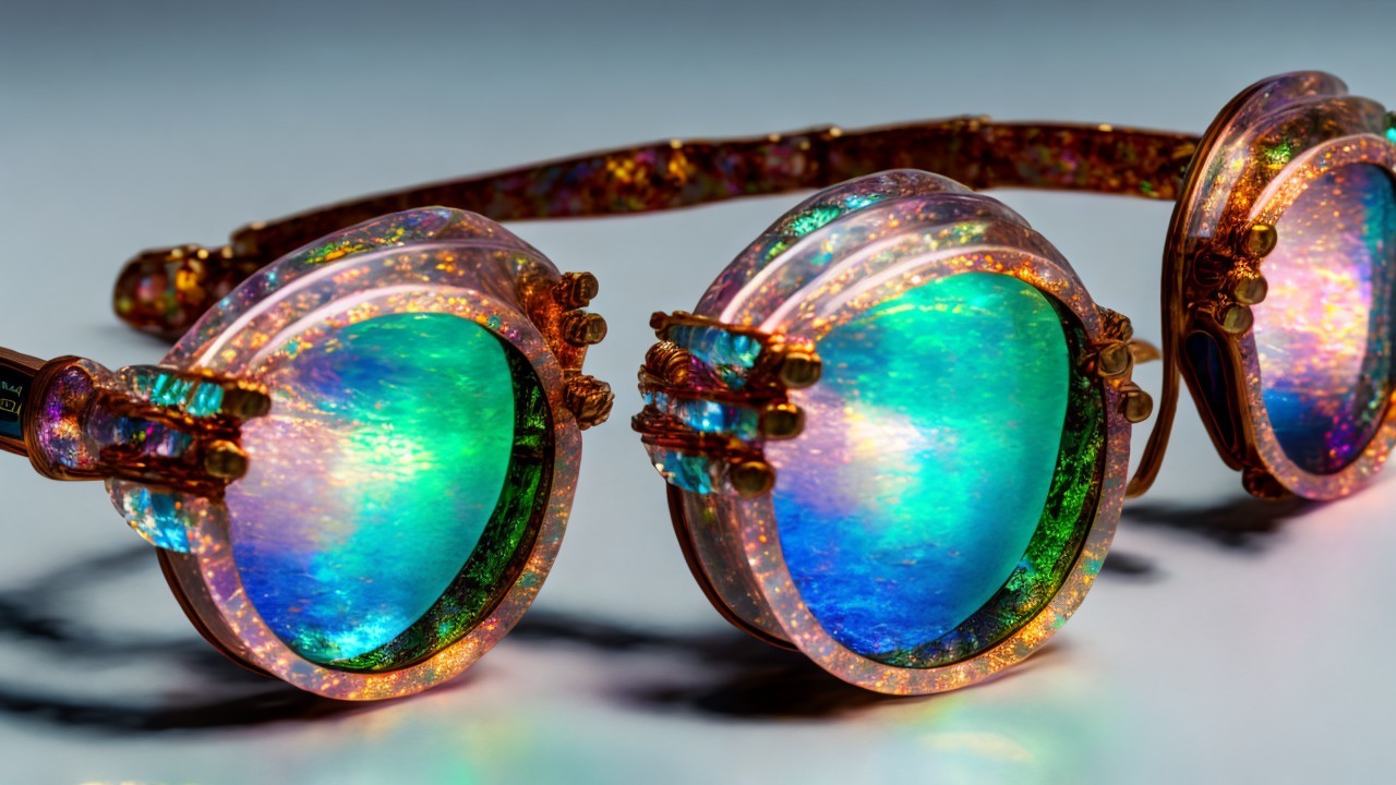 Unique Iridescent Goggles with Detailed Frame Design