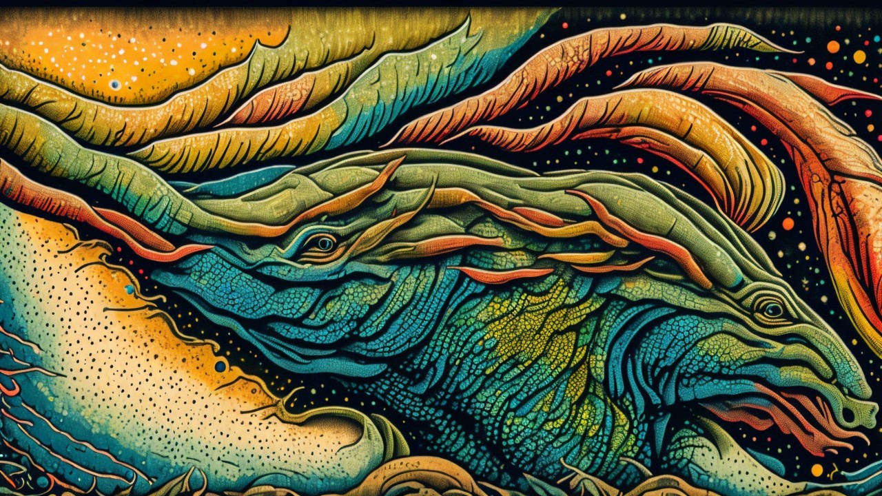 Vibrant Abstract Whale Creature with Cosmic Background