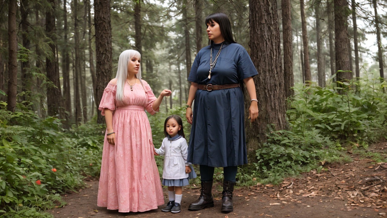Women and girl in serene forest setting with trees