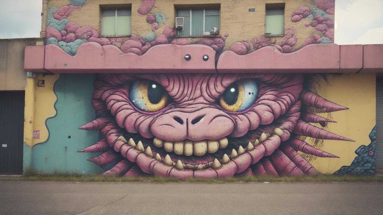 Vibrant Mural of Mischievous Purple Creature