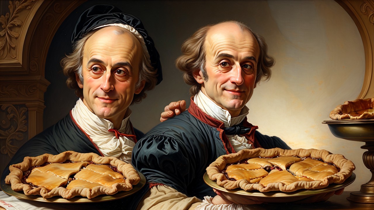 18th-Century Men with Pies in Cozy Kitchen Setting
