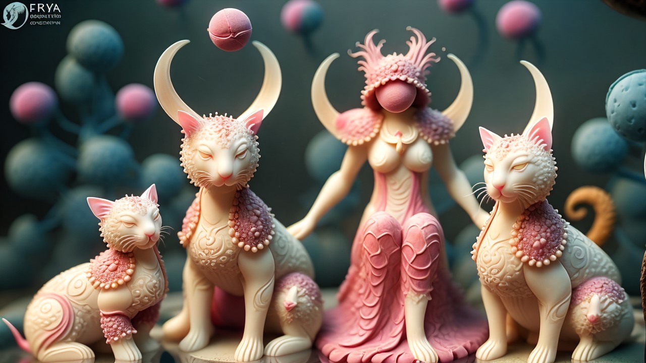 Humanoid Creature with Feline Companions in Fantasy Scene