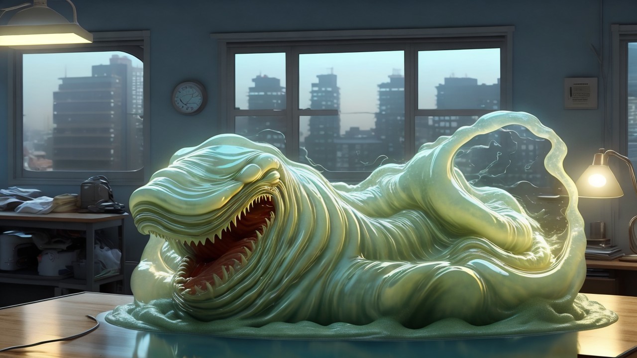 Translucent Gooey Creature on Office Table with Skyline