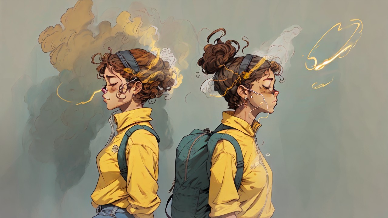 Illustration of a girl with curly hair and dual expressions