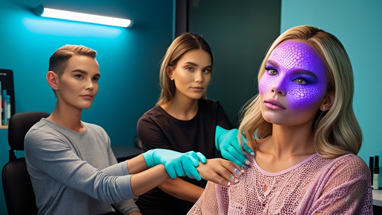Woman with Purple-Scaled Face in Vibrant Clinic Setting