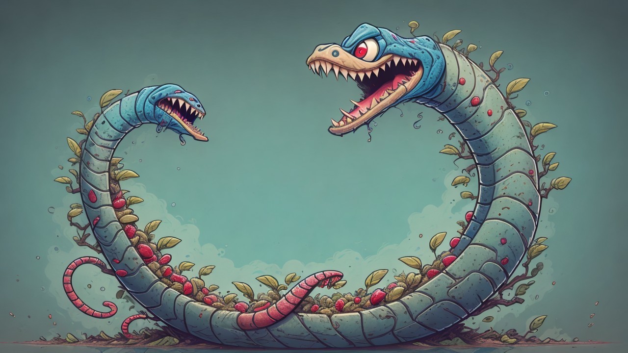 Whimsical Serpent Creature with Colorful Heads and Vines