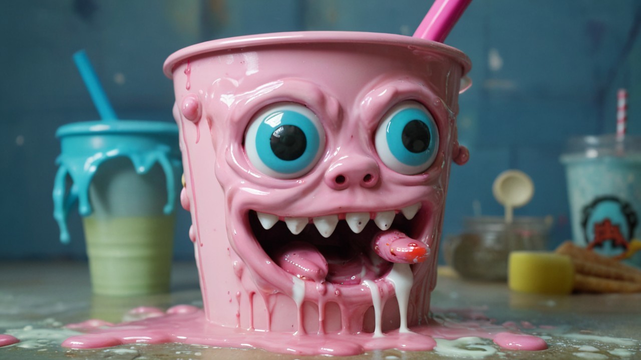 Cartoonish Pink Cup with Blue Eyes and Grinning Face