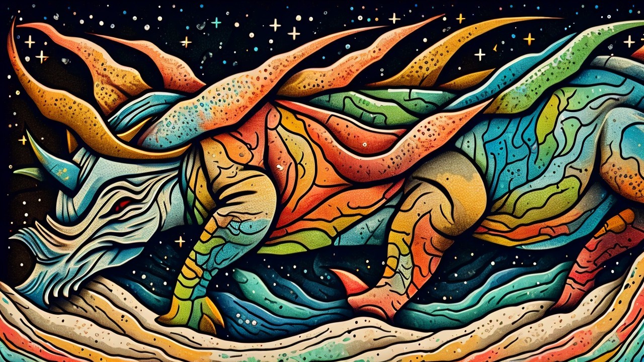 Vibrant Mythical Creature in Cosmic Landscape