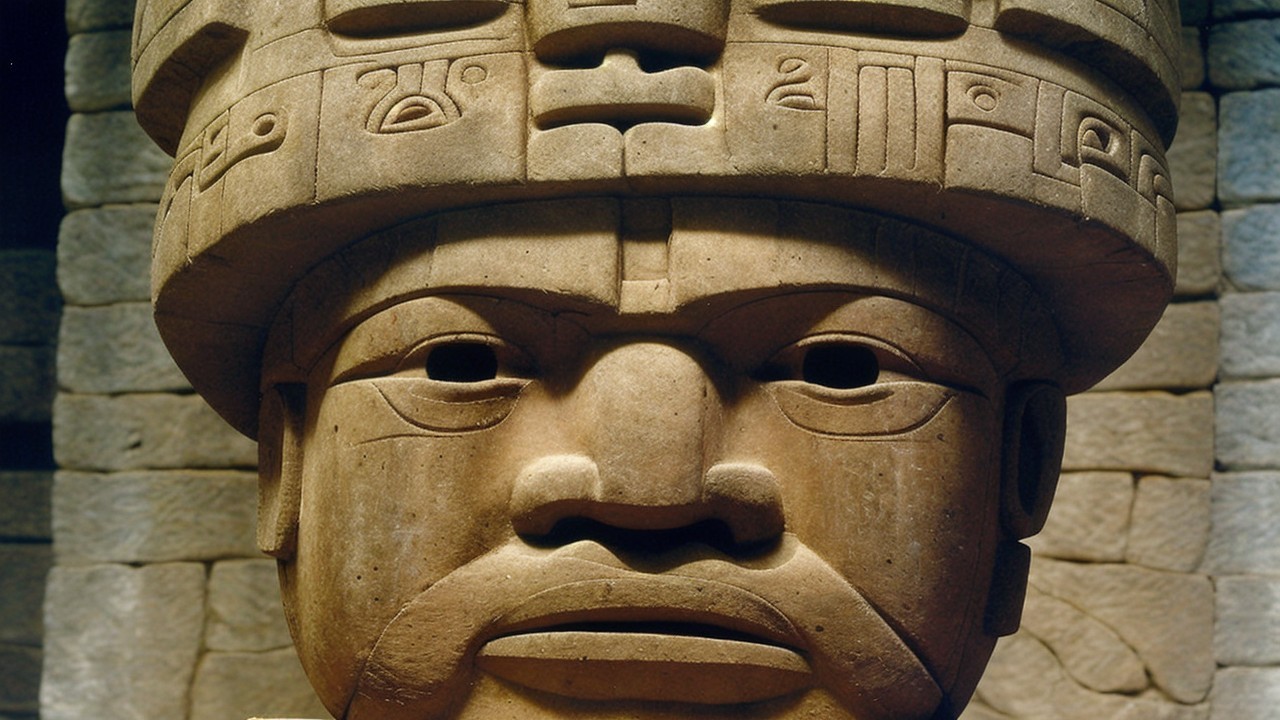 Large Stone Head Sculpture with Intricate Carvings