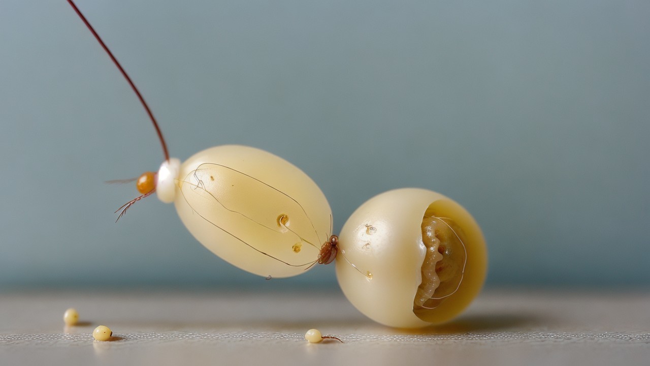 Translucent Oval Objects with Cracked Egg and Threads