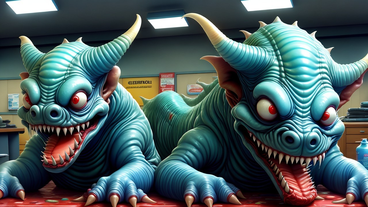 Vibrant Blue-Skinned Creatures in Bright Room Setting