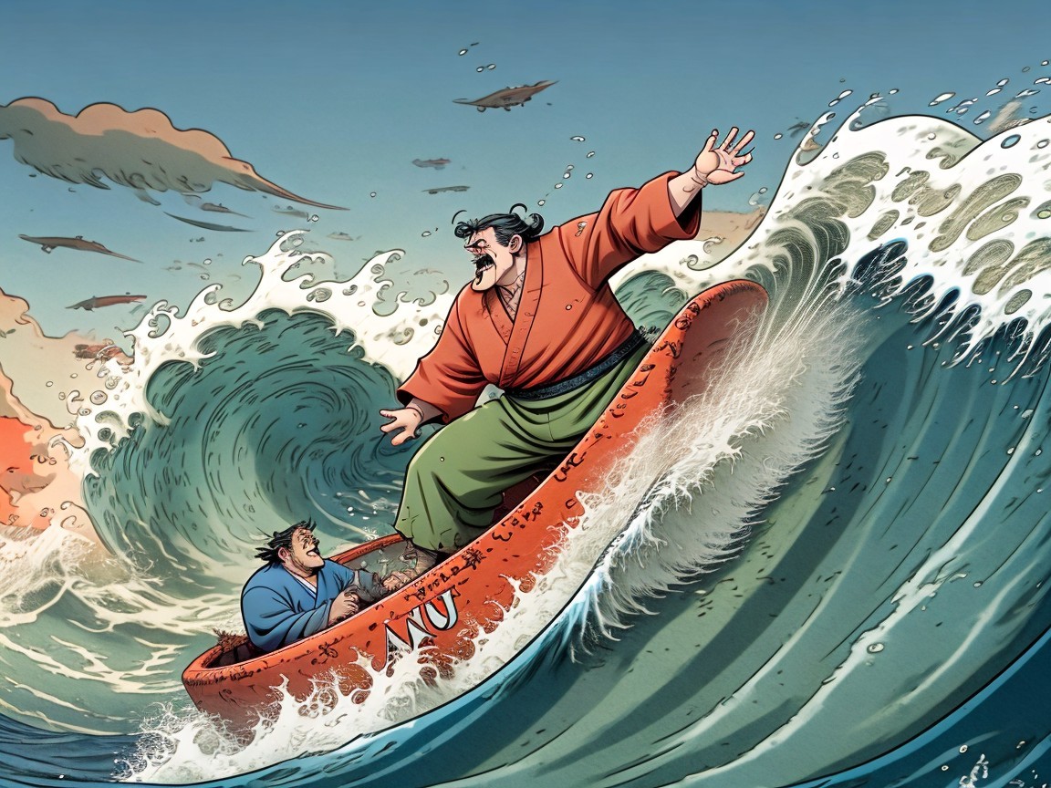 Animated Characters on a Boat Riding a Wave