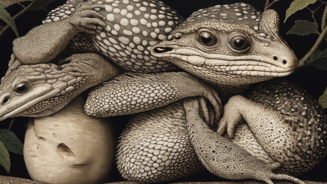 Surreal Composition of Textured Reptilian Creatures