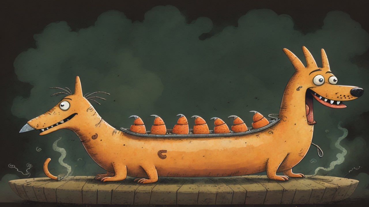 Playful Cartoon Dog Resembles a Hot Dog in Fun Scene