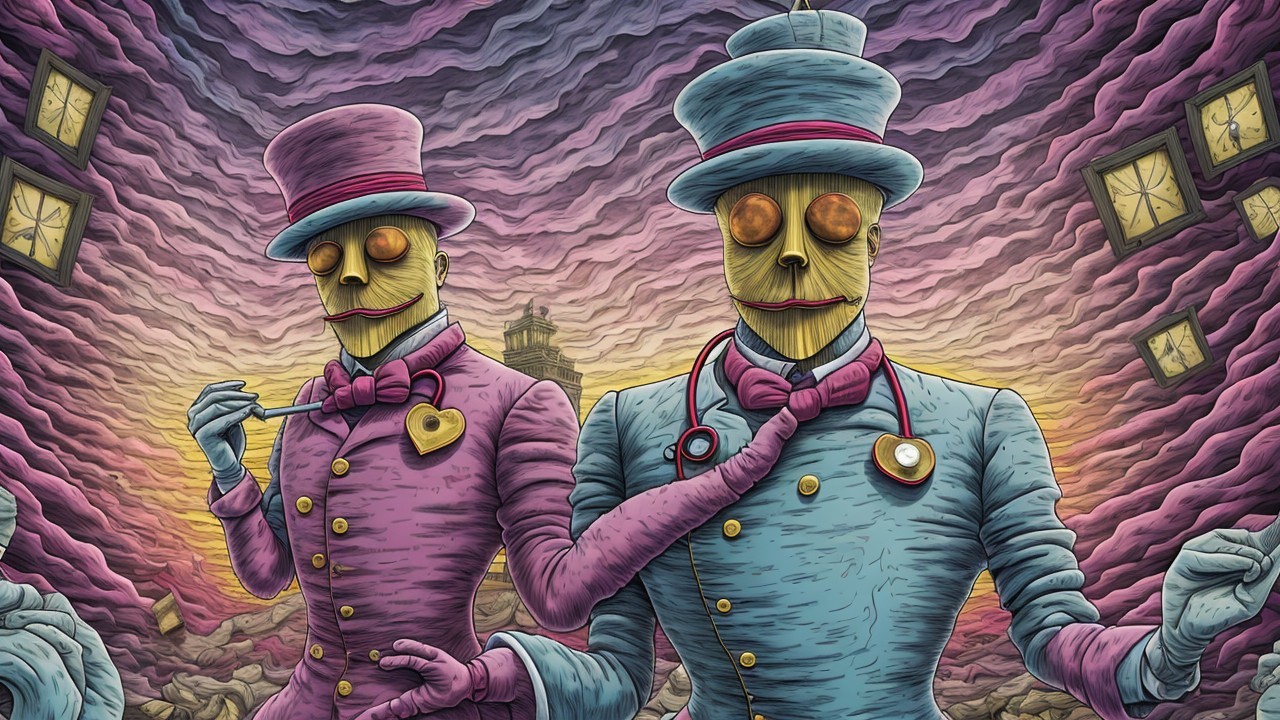 Whimsical Scarecrow Figures in Surreal Sky Setting