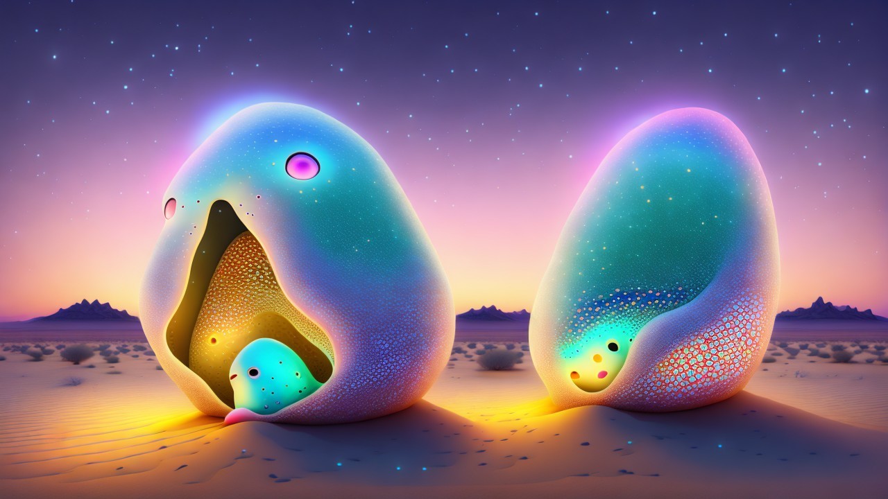 Surreal Desert Scene with Colorful Blob Creatures