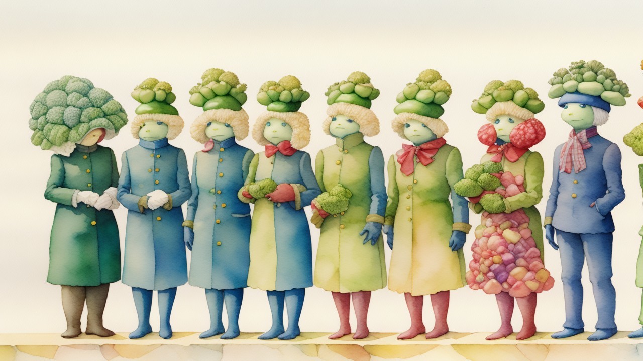 Humanoid Characters in Vegetable-Themed Headpieces