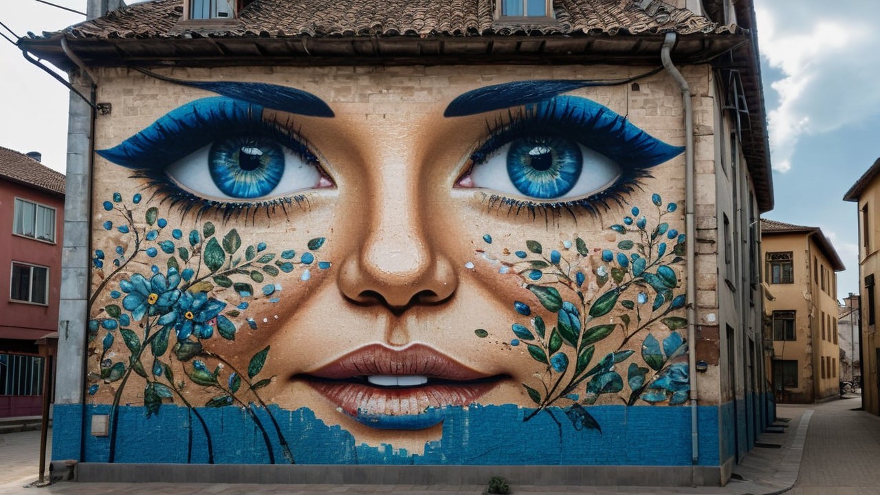 Vibrant Mural of Woman's Face with Floral Elements