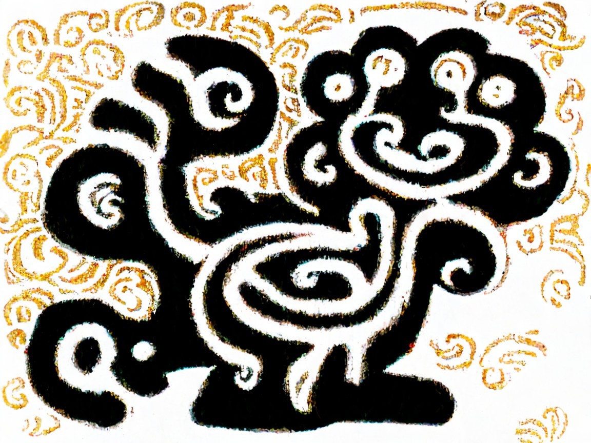 Abstract Black and White Creature Illustration with Gold Swirls