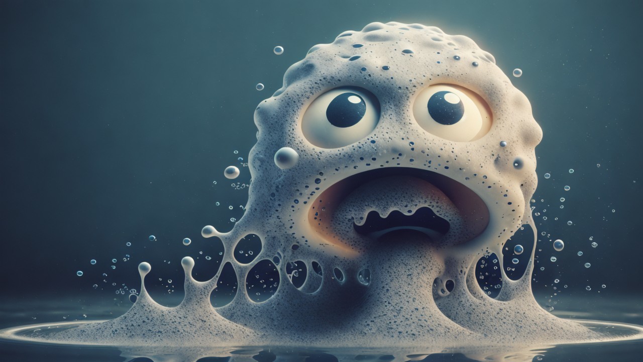 Whimsical Cartoon Character with Bubbles and Foam Texture