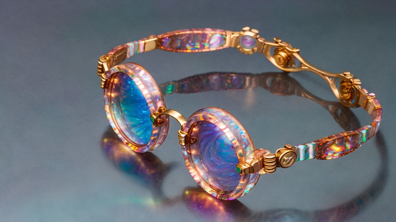 Iridescent Eyeglasses with Gold Frames and Patterns