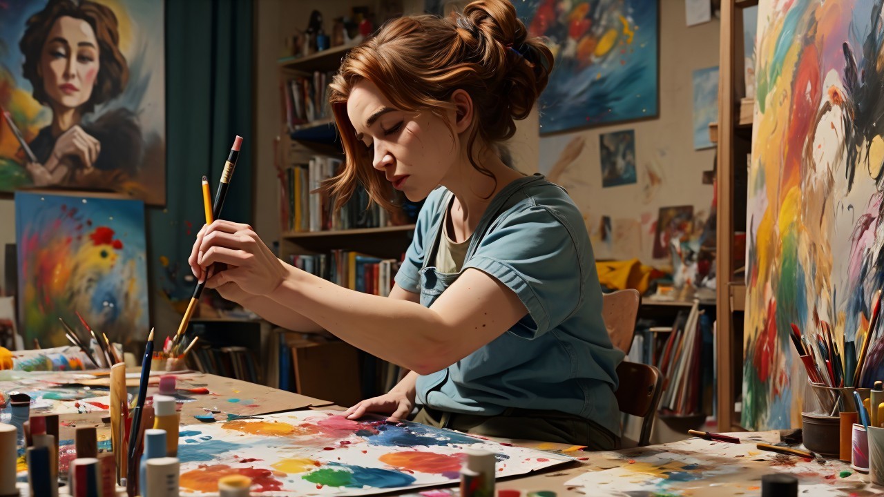 Young Artist Painting in a Colorful Studio Setting