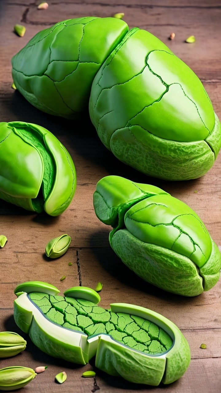 Vibrant Green Stylized Nuts on Wooden Surface