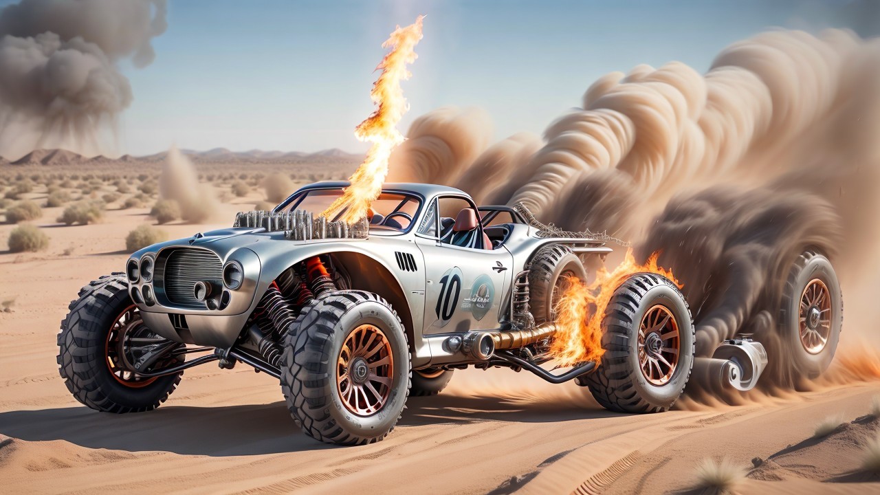 Futuristic rugged car racing through desert landscape