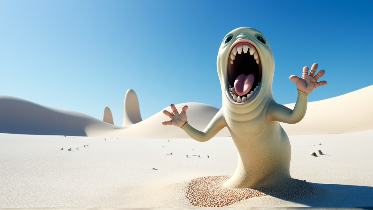 Cartoonish creature emerging in a vast desert landscape