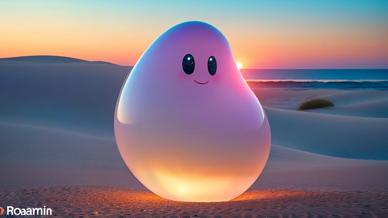 Translucent Blob Character in Serene Desert Sunset