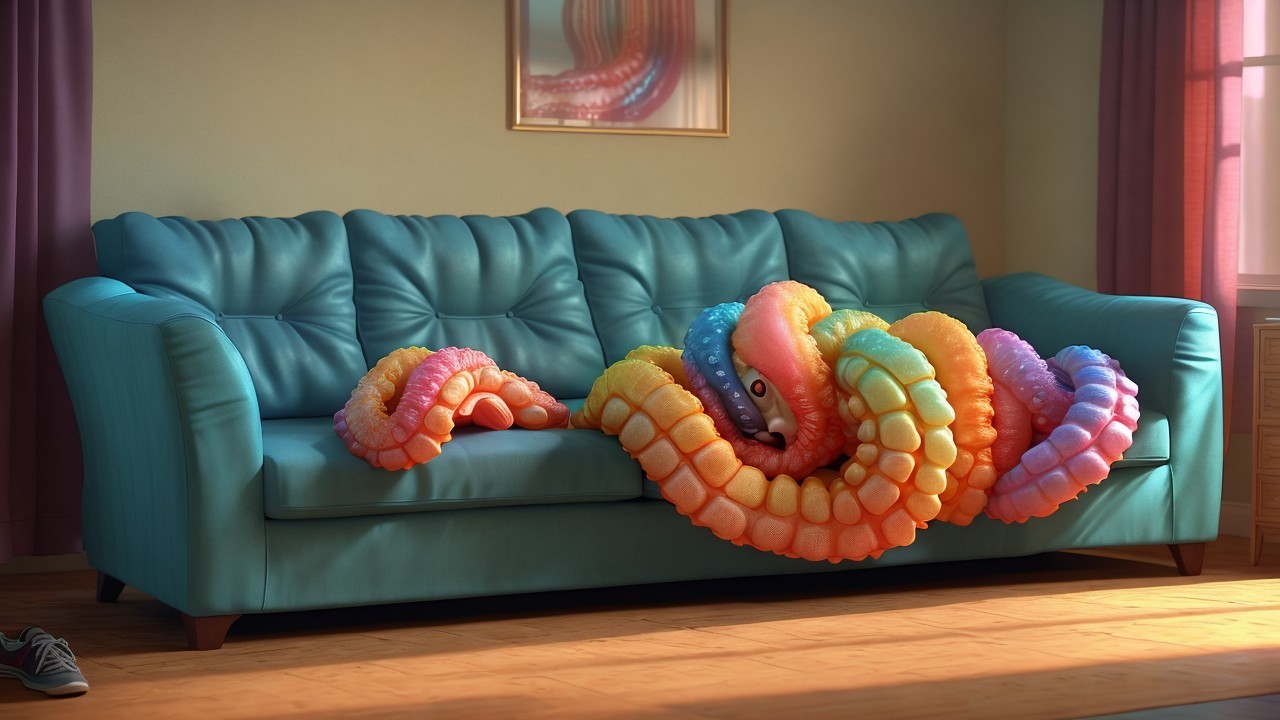 Cartoonish octopus on teal sofa in cozy room setting