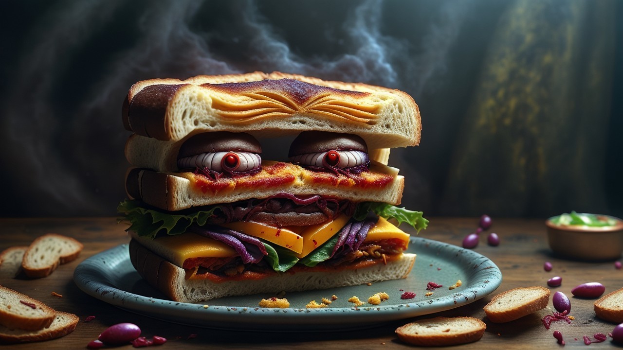 Whimsical Sandwich with Toasted Bread and Vegetables