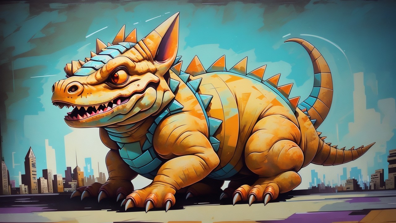 Colorful Cartoon Dinosaur Creature in Urban Setting