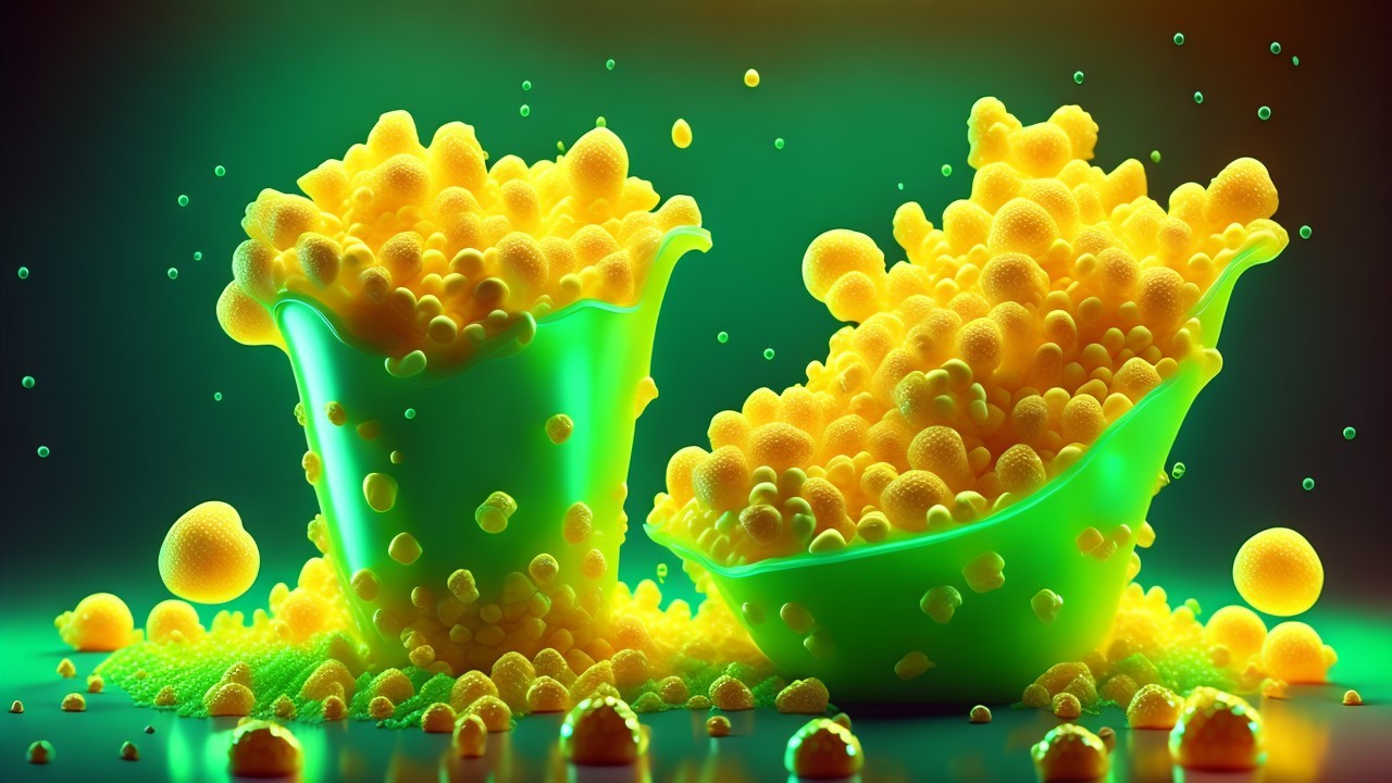 Yellow Spheres and Green Buckets in Playful Scene