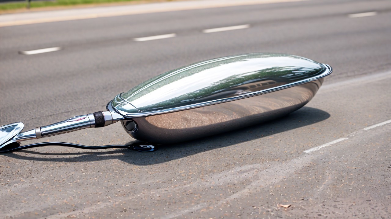 Metallic Object with Reflective Surface on Paved Road