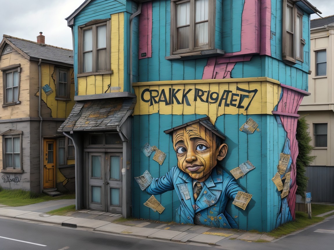 A surreal cartoonish building with whimsical graffiti