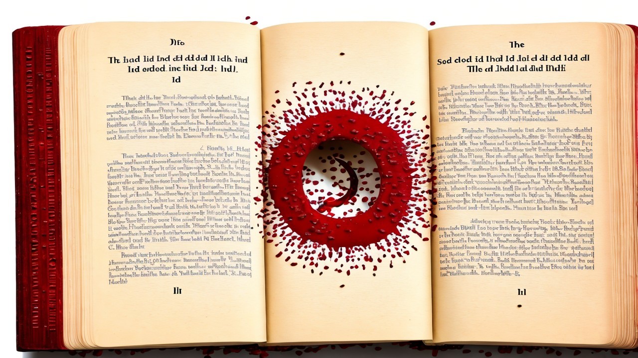 Open book with abstract red circle and yellowed pages