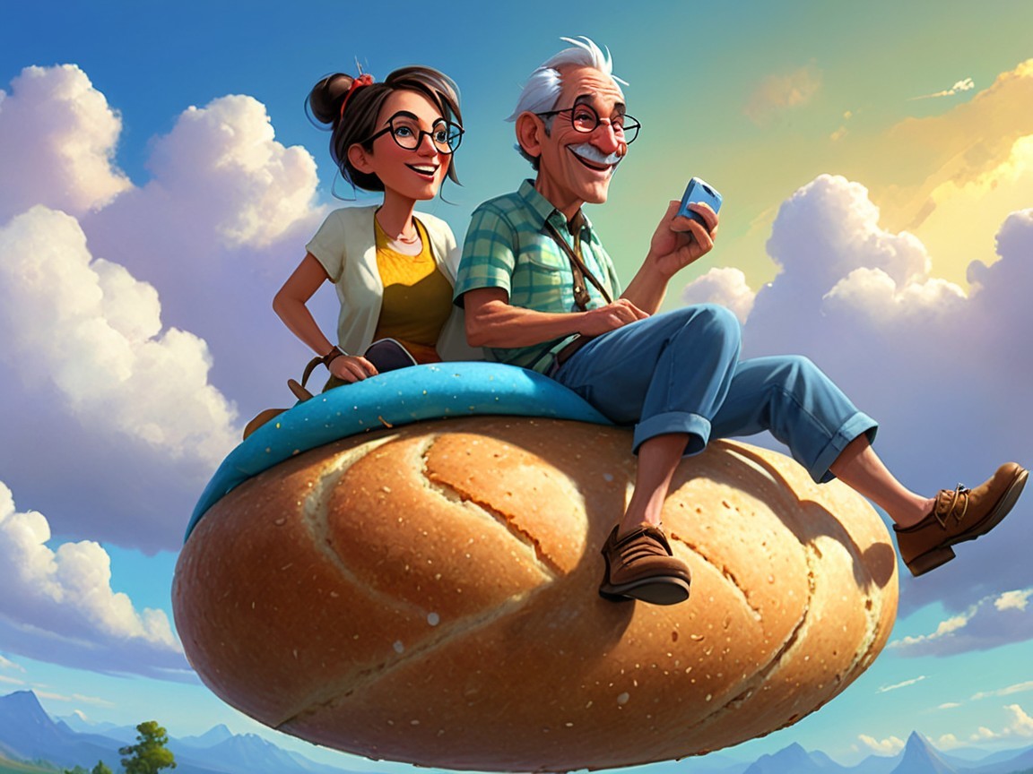 Elderly Man and Young Woman Riding Giant Bread Roll