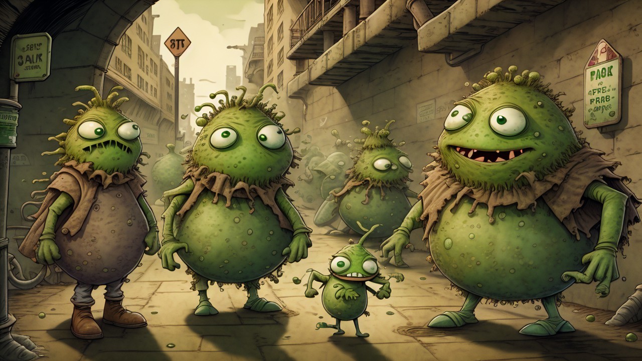 Whimsical Alley Scene with Quirky Green Creatures